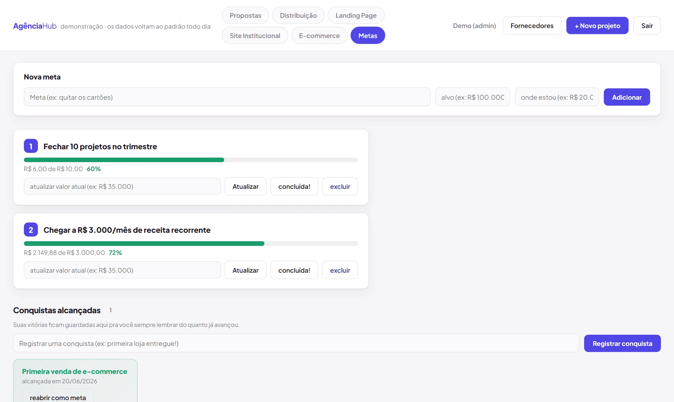 Aba de metas financeiras com progresso e conquistas